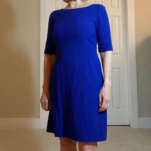 Tahari dress in cobalt with gold back zipper and pockets